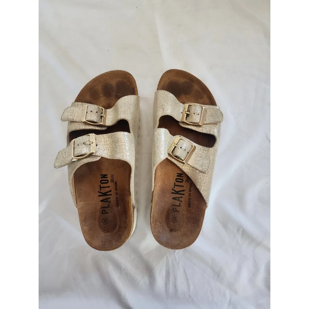 Plakton Bios Gold Metallic Glitter Platform Sandals Spain Buckle‎ Slides  38/7.5